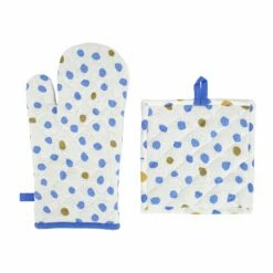 New ๐ Viva by VIETRI Bohemian Linens Dot Blue/Gold Oven Mitt & Potholder ๐