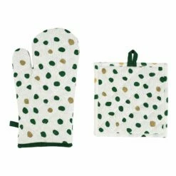 Hot Sale ⌛ Viva by VIETRI Bohemian Linens Dot Green/Gold Oven Mitt & Potholder 😍