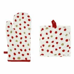 Brand new ⭐ Viva by VIETRI Bohemian Linens Dot Red/Gold Oven Mitt & Potholder ⌛